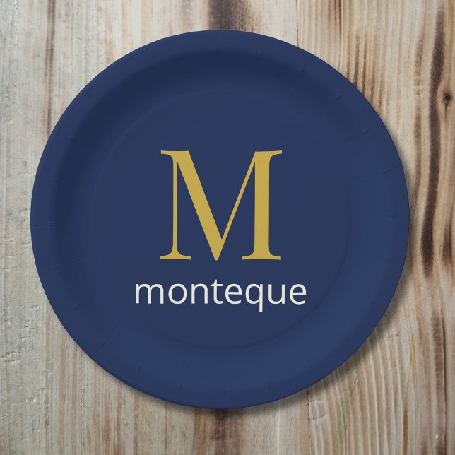 Deep Navy Gold Monogram Personalised Name Luxury  Paper Plate (Creator Uploaded)