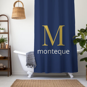 Deep Navy Gold Monogram Personalised Name Luxury Shower Curtain