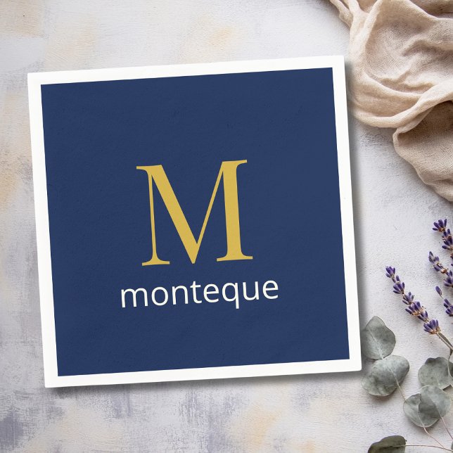 Deep Navy Gold Monogram Personalized Name Luxury  Napkin (Creator Uploaded)