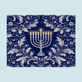 Deep Navy Menorah William Morris Pattern Postcard