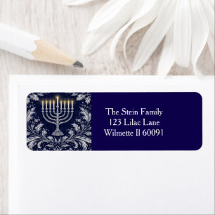 Deep Navy Menorah William Morris Pattern Return Address Label