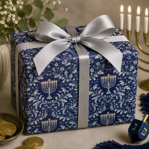 Deep Navy Menorah William Morris Pattern Wrapping Paper