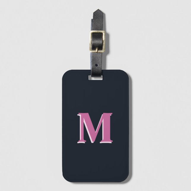 Deep navy pink monogrammed luggage tag (Front Vertical)