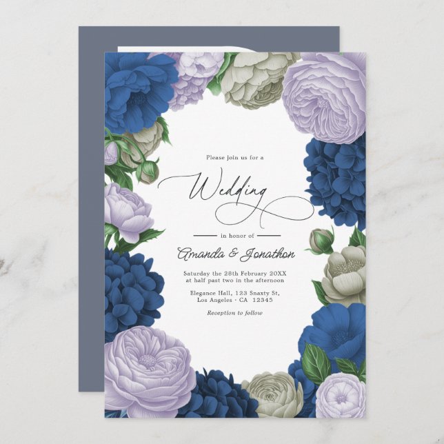 Deep Navy, Soft Lilac & Cloud Gray Floral Wedding Invitation (Front/Back)