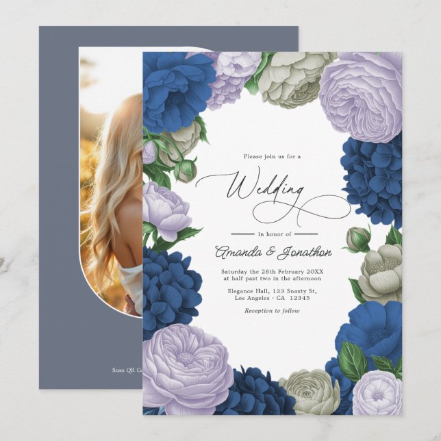 Deep Navy, Soft Lilac & Cloud Grey Floral Wedding Invitation (Front/Back)