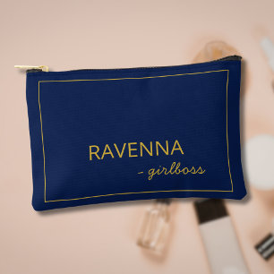 Deep Navy Subtle Gold Frame Luxury Girlboss Name Accessory Pouch