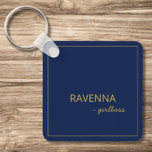 Deep Navy Subtle Gold Frame Luxury Girlboss Name Key Ring