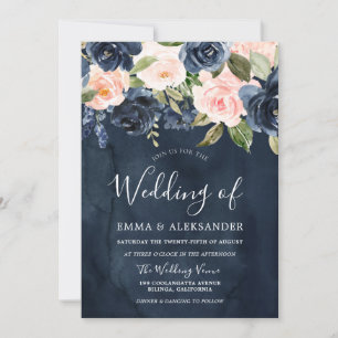 Deep Navy Watercolor Blush Pink Floral Wedding Invitation