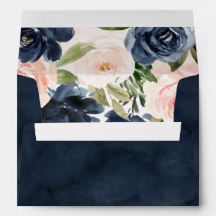Deep Navy Watercolor Pink Flowers Bridal Wedding Envelope