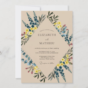 Deep Navy Yellow Wildflower Wedding Invitation