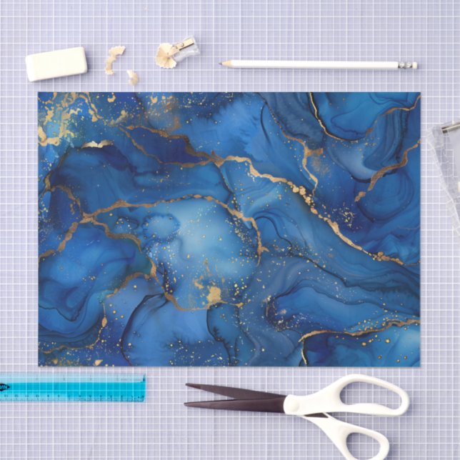 Deep Ocean Blue & Gold Watercolor Swirl Decoupage  Tissue Paper (Craft)