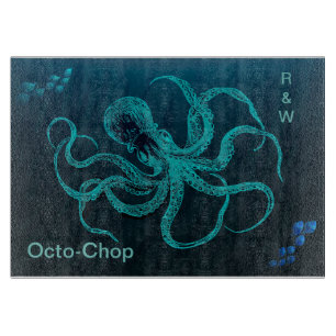 Deep Ocean Blue with Octopus & 2 Schools of Fish Cutting Board