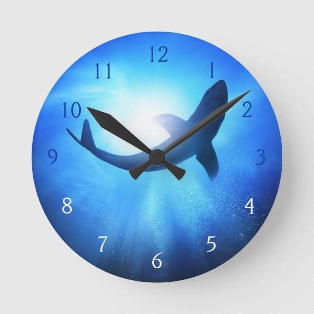 Deep Ocean Shark Silhouette Round Clock (Front)