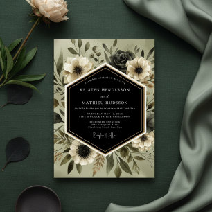 Deep Olive Botanical Romance Wedding Invitation