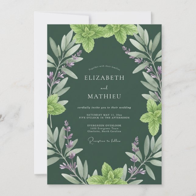 Deep Olive Herbal Eucalyptus Wedding Invitation (Front)