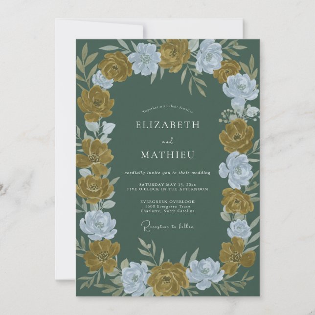 Deep Olive Ranunculus Eucalyptus Wedding Invitation (Front)