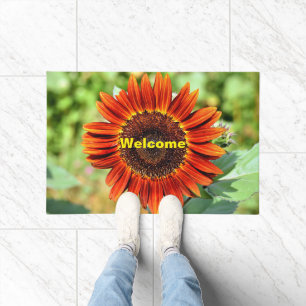 Deep Orange Sunflower Welcome Mat