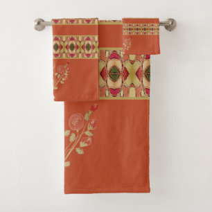 Deep orange With floral Bath Towel Set
