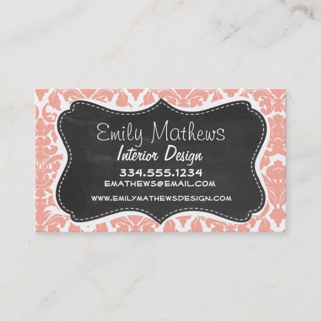 Deep Peach Damask; Vintage Chalkboard Business Card (Front)