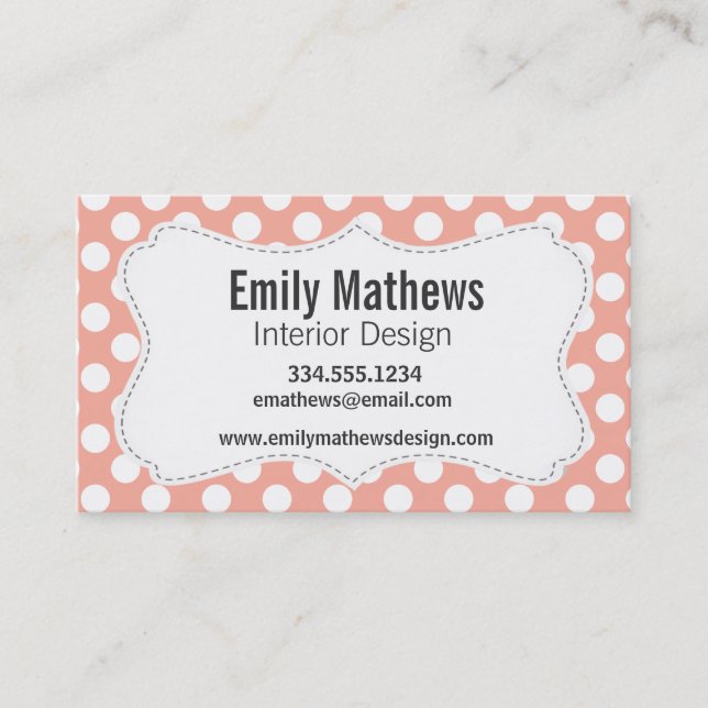Deep Peach Polka Dots Business Card (Front)