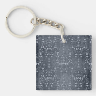 Deep Pewter Silvery Grey Floral Damask Pattern Key Ring
