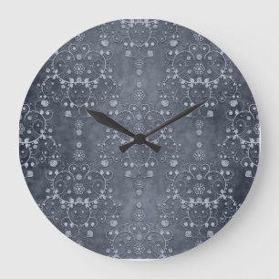 Deep Pewter Silvery Grey Floral Damask Pattern Large Clock
