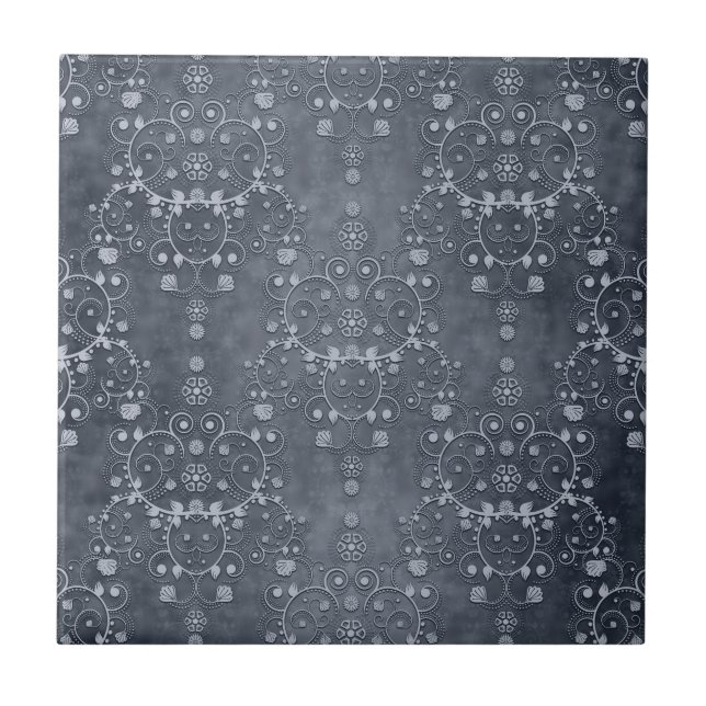 Deep Pewter Silvery Grey Floral Damask Pattern Tile (Front)