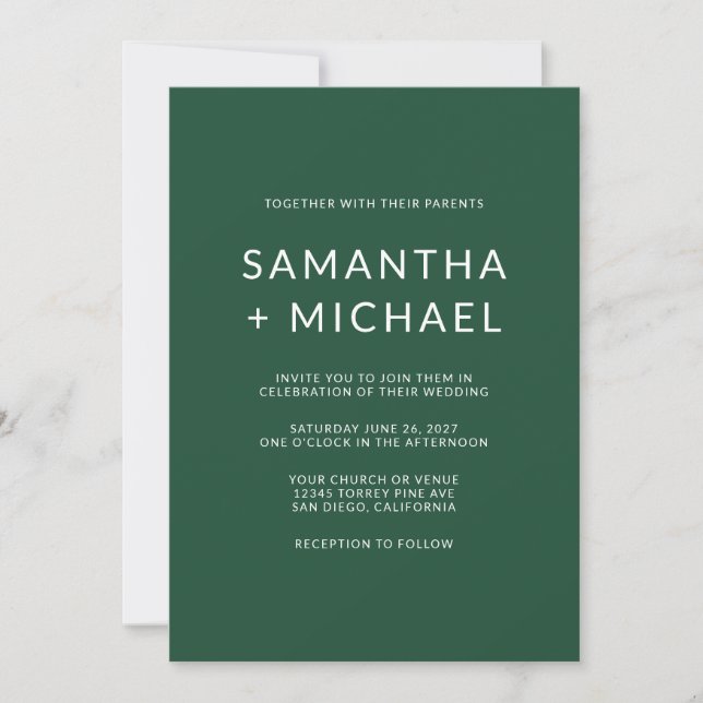 Deep Pine and White Modern Minimalist Wedding Invitation (Front)