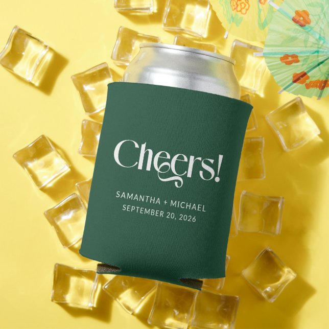 Deep Pine Decorative Serif Wedding Cheers Can Cooler (In Situ Summer)