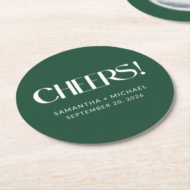 Deep Pine Decorative Serif Wedding Cheers Round Paper Coaster (Angled)