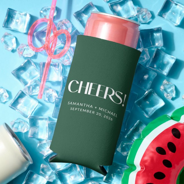 Deep Pine Decorative Serif Wedding Cheers Seltzer Can Cooler (In Situ Summer)