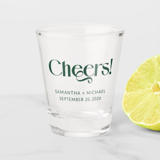 Deep Pine Decorative Serif Wedding Cheers Shot Glass (Front)