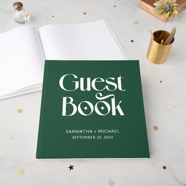 Deep Pine Decorative Serif Wedding Guest Book (Front Open)