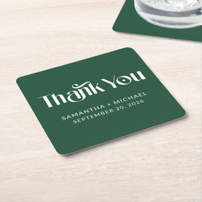 Deep Pine Decorative Serif Wedding Thank You Square Paper Coaster (Angled)