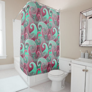 Deep Pink and Aqua Paisley Boho Damask Pattern Shower Curtain