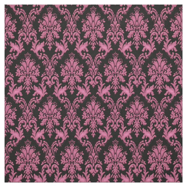 Deep Pink and Black Damask Print Fabric (Swatch)