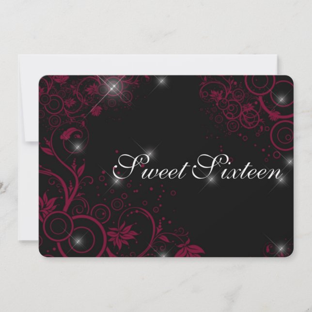 Deep Pink and Black Sparkle Stars Sweet Sixteen Invitation (Front)