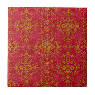 Deep Pink and Gold Elegant Damask Style Pattern Ceramic Tile