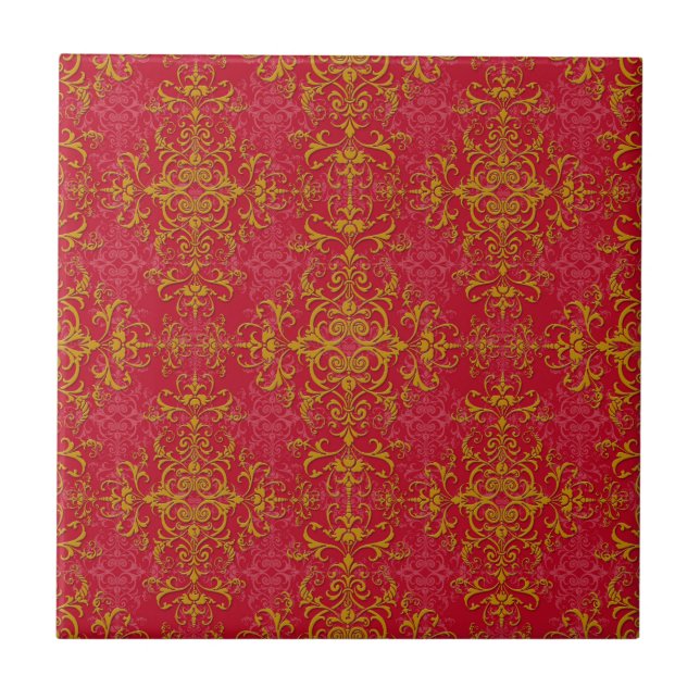 Deep Pink and Gold Elegant Damask Style Pattern Ceramic Tile (Front)