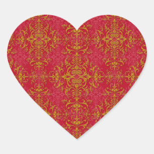 Deep Pink and Gold Elegant Damask Style Pattern Heart Sticker