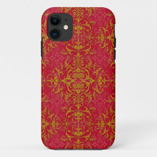Deep Pink and Gold Fancy Damask Style Pattern iPhone 11 Case