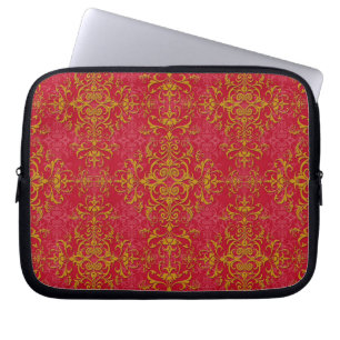 Deep Pink and Gold Fancy Damask Style Pattern Laptop Sleeve
