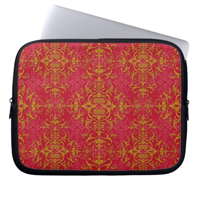 Deep Pink and Gold Fancy Damask Style Pattern Laptop Sleeve (Front)