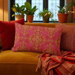 Deep Pink and Gold Fancy Damask Style Pattern Lumbar Cushion