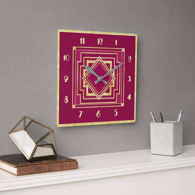 Deep Pink and Pale Gold Art Deco Square Clock (Office)