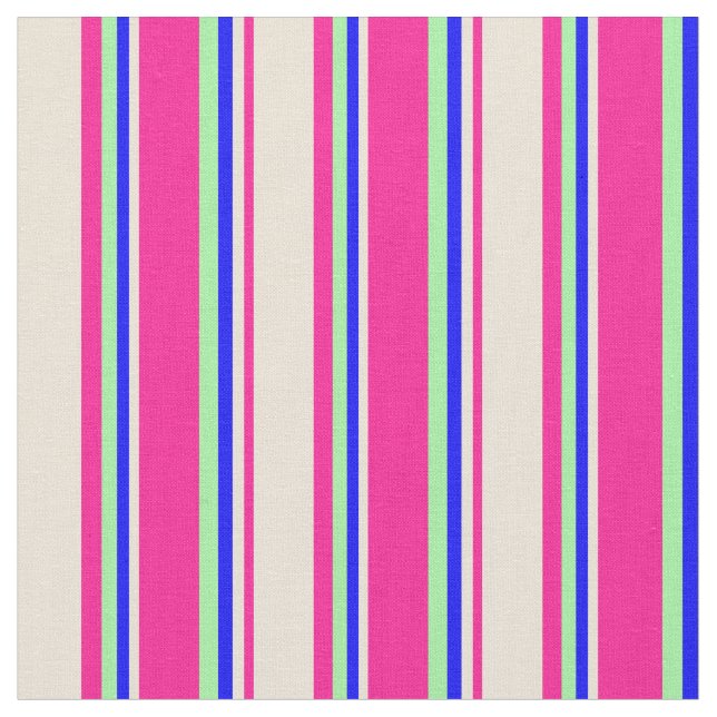 Deep Pink, Bisque, Blue & Green Coloured Stripes Fabric (Close Up)