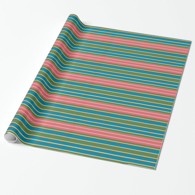 Deep Pink Blue Green Striped Wrapping Paper (Unrolled)