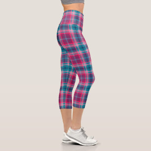 Deep Pink Blue Tartan Plaid Gingham Pattern Capri Leggings