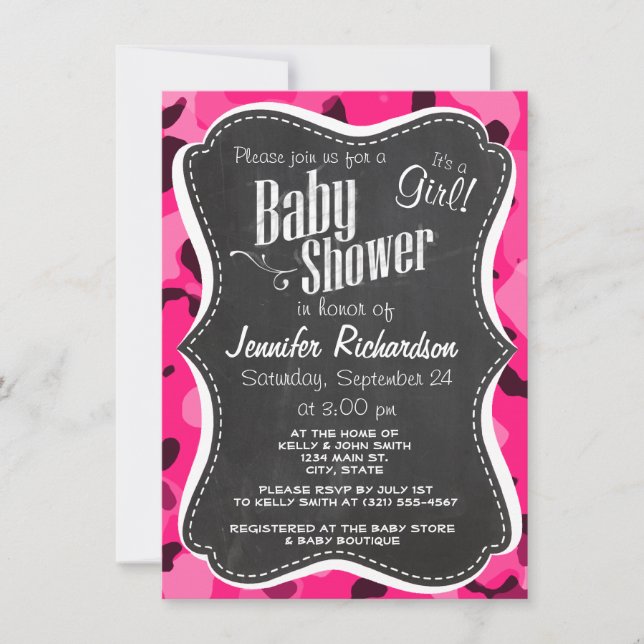 Deep Pink Camo; Chalkboard look Invitation (Front)