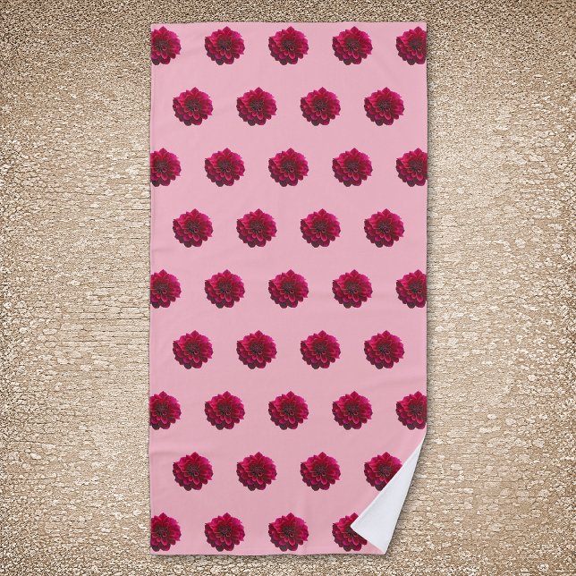 Deep Pink Dahlia Flower Seamless Pattern on Beach Towel (Deep pink Dahlia flower seamless pattern on beach towel.)